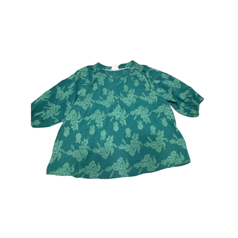 Umgee Teal Green Floral Eyelash Jacquard Puff Sleeve Blouse Small
